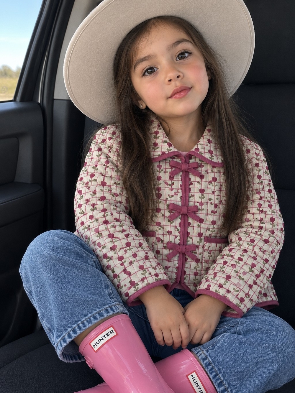 Hunter Girls Pink & Cream Quilted Jacket with Bow Closures